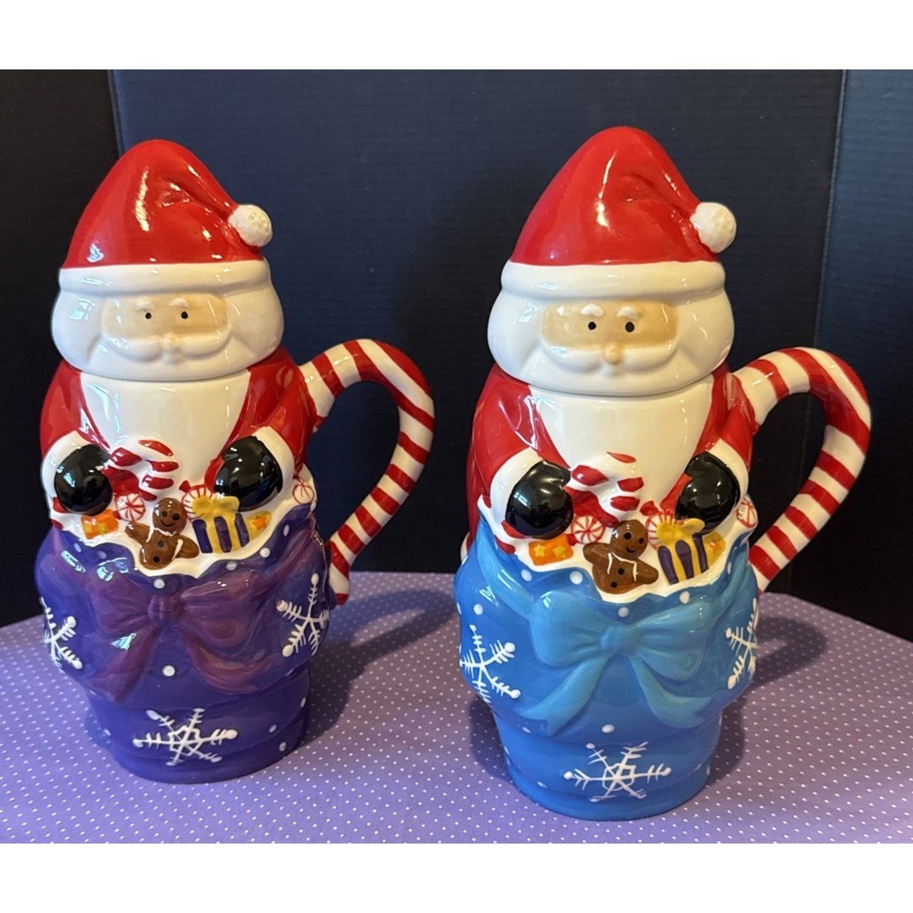 Temptations By Tara Set Of 2 Lidded Santa Mugs 24 oz‎ Christmas Holiday QVC